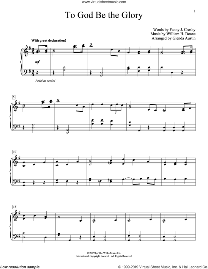 To God Be The Glory (arr. Glenda Austin) sheet music for piano solo (elementary) by Fanny J. Crosby, Glenda Austin and William H. Doane, beginner piano (elementary)