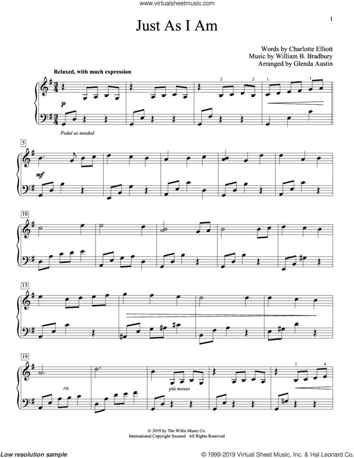 Just As I Am (arr. Glenda Austin) sheet music for piano solo (elementary) by William B. Bradbury, Glenda Austin and Charlotte Elliott, beginner piano (elementary)