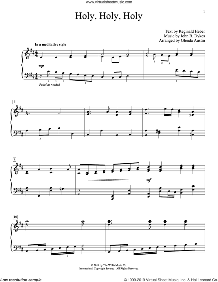 Holy, Holy, Holy (arr. Glenda Austin) sheet music for piano solo (elementary) by John Bacchus Dykes, Glenda Austin and Reginald Heber, beginner piano (elementary)
