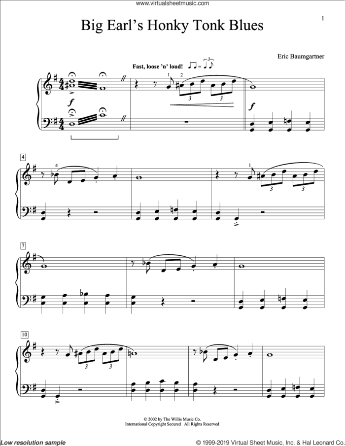 Big Earl's Honky-Tonk Blues sheet music for piano solo (elementary) by Eric Baumgartner, beginner piano (elementary)