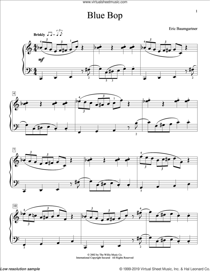 Blue Bop sheet music for piano solo (elementary) by Eric Baumgartner, beginner piano (elementary)