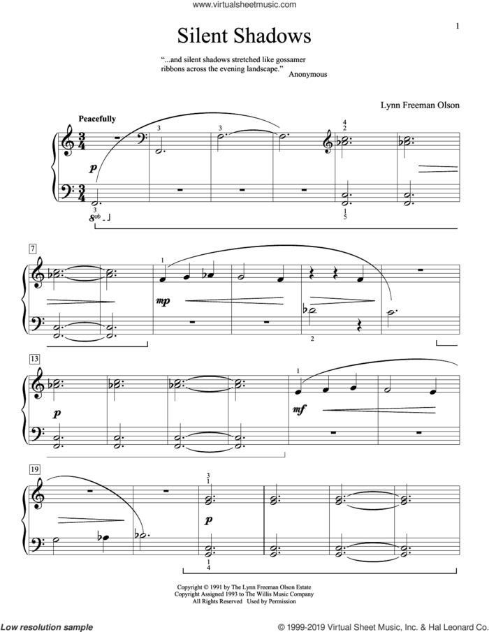 Silent Shadows sheet music for piano solo (elementary) by Lynn Freeman Olson and William Gillock (ed.), beginner piano (elementary)