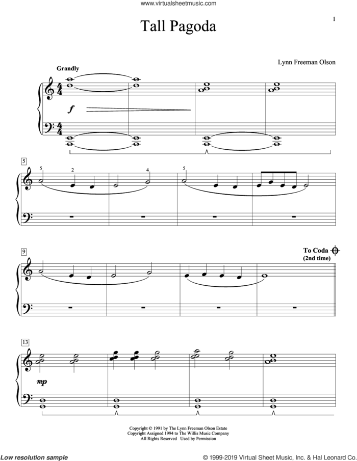 Tall Pagoda sheet music for piano solo (elementary) by Lynn Freeman Olson, beginner piano (elementary)