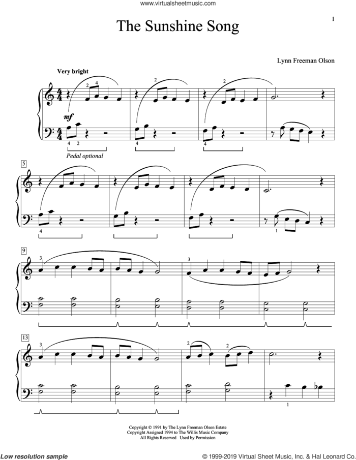 The Sunshine Song sheet music for piano solo (elementary) by Lynn Freeman Olson, beginner piano (elementary)