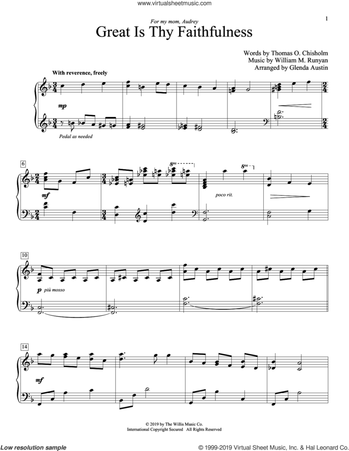 Great Is Thy Faithfulness (arr. Glenda Austin) sheet music for piano solo (elementary) by Thomas O. Chisholm, Glenda Austin and William M. Runyan, beginner piano (elementary)