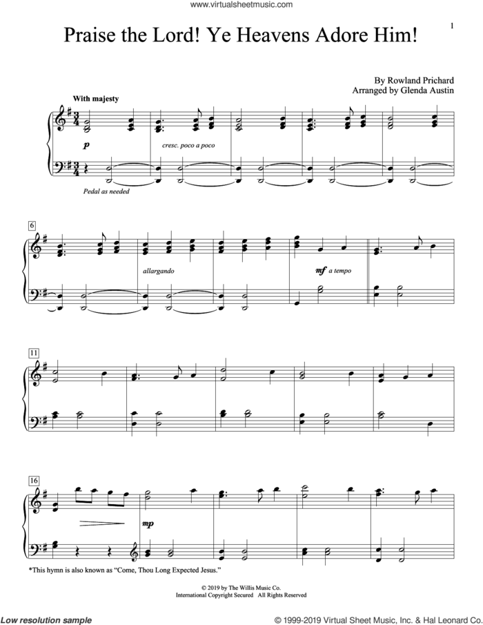 Praise The Lord! Ye Heavens Adore Him! (arr. Glenda Austin) sheet music for piano solo (elementary) by Rowland Prichard and Glenda Austin, beginner piano (elementary)