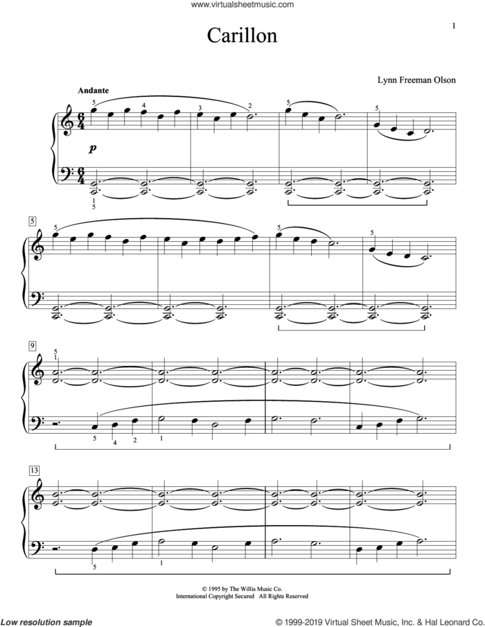 Carillon sheet music for piano solo (elementary) by Lynn Freeman Olson, beginner piano (elementary)