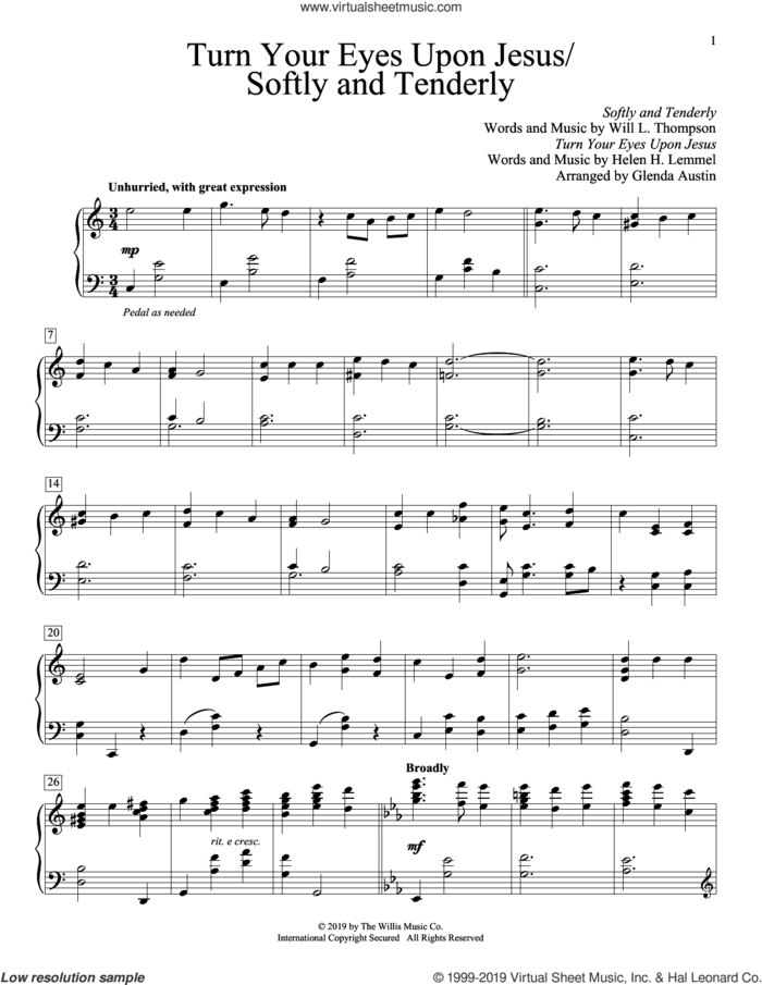 Turn Your Eyes Upon Jesus/Softly And Tenderly (arr. Glenda Austin) sheet music for piano solo (elementary) by Will L. Thompson, Glenda Austin and Helen H. Lemmel, beginner piano (elementary)