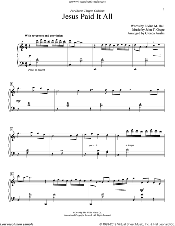 Jesus Paid It All (arr. Glenda Austin) sheet music for piano solo (elementary) by Elvina M. Hall, Glenda Austin and John T. Grape, beginner piano (elementary)