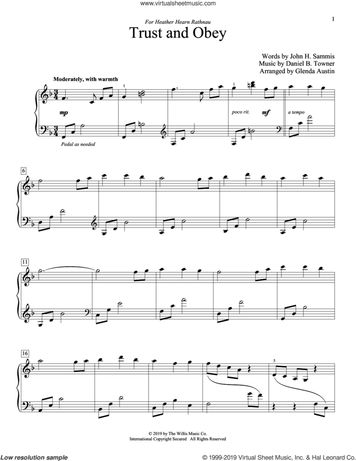 Trust And Obey (arr. Glenda Austin) sheet music for piano solo (elementary) by John H. Sammis, Glenda Austin and Daniel B. Towner, beginner piano (elementary)