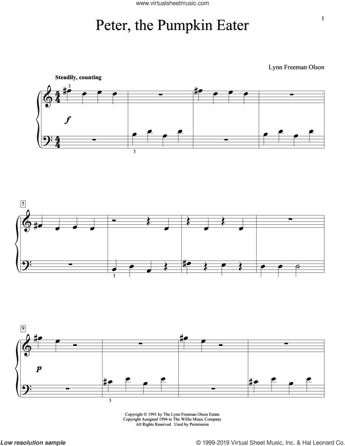 Peter, The Pumpkin Eater sheet music for piano solo (elementary) by Lynn Freeman Olson, beginner piano (elementary)