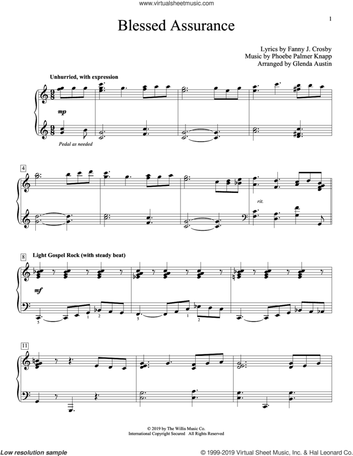 Blessed Assurance (arr. Glenda Austin) sheet music for piano solo (elementary) by Fanny J. Crosby, Glenda Austin and Phoebe Palmer Knapp, beginner piano (elementary)