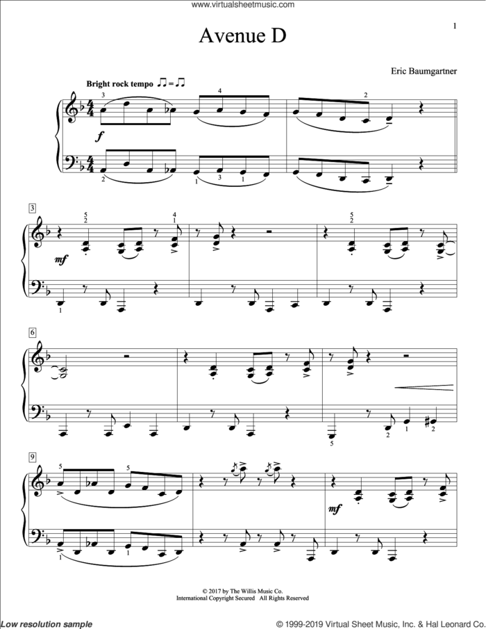 Avenue D sheet music for piano solo (elementary) by Eric Baumgartner, beginner piano (elementary)