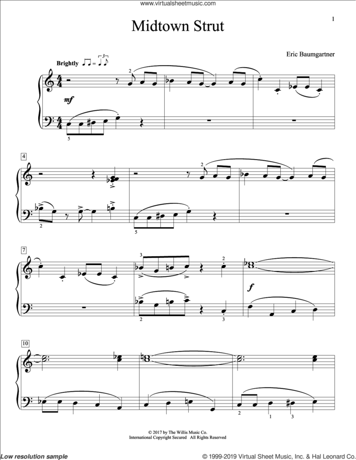 Midtown Strut sheet music for piano solo (elementary) by Eric Baumgartner, beginner piano (elementary)
