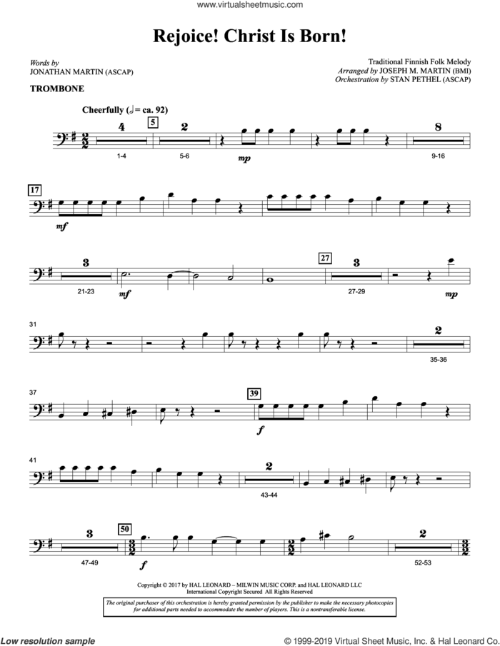 Rejoice! Christ Is Born! sheet music for orchestra/band (trombone) by Joseph M. Martin, Jonathan Martin and Traditional Finnish Folk Melod, intermediate skill level