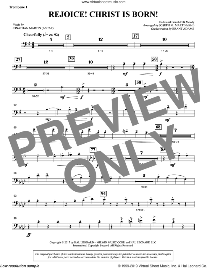 Rejoice! Christ Is Born! sheet music for orchestra/band (trombone 1) by Joseph M. Martin, Jonathan Martin and Traditional Finnish Folk Melod, intermediate skill level