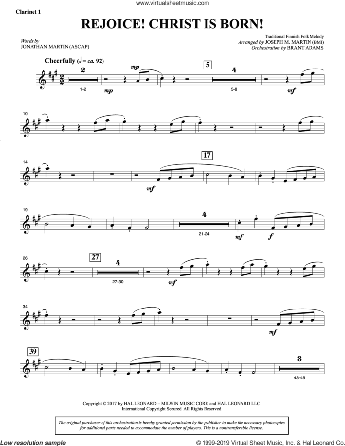 Rejoice! Christ Is Born! sheet music for orchestra/band (Bb clarinet 1) by Joseph M. Martin, Jonathan Martin and Traditional Finnish Folk Melod, intermediate skill level