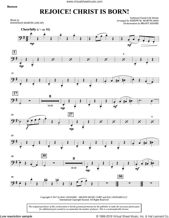 Rejoice! Christ Is Born! sheet music for orchestra/band (bassoon) by Joseph M. Martin, Jonathan Martin and Traditional Finnish Folk Melod, intermediate skill level