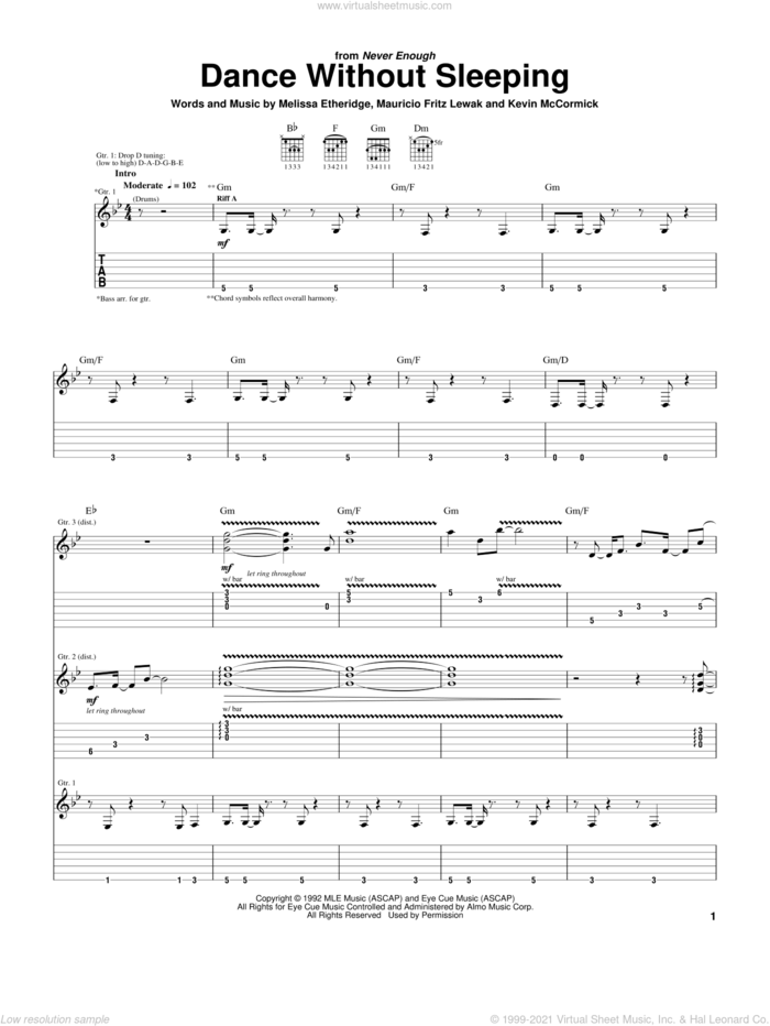 Dance Without Sleeping sheet music for guitar (tablature) by Melissa Etheridge, Kevin McCormick and Mauricio Fritz Lewak, intermediate skill level