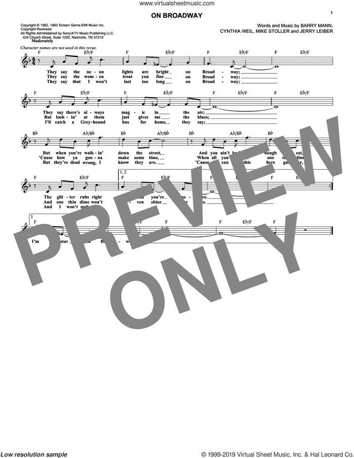 On Broadway sheet music for voice and other instruments (fake book) by George Benson, Barry Mann, Cynthia Weil, Jerry Leiber and Mike Stoller, intermediate skill level