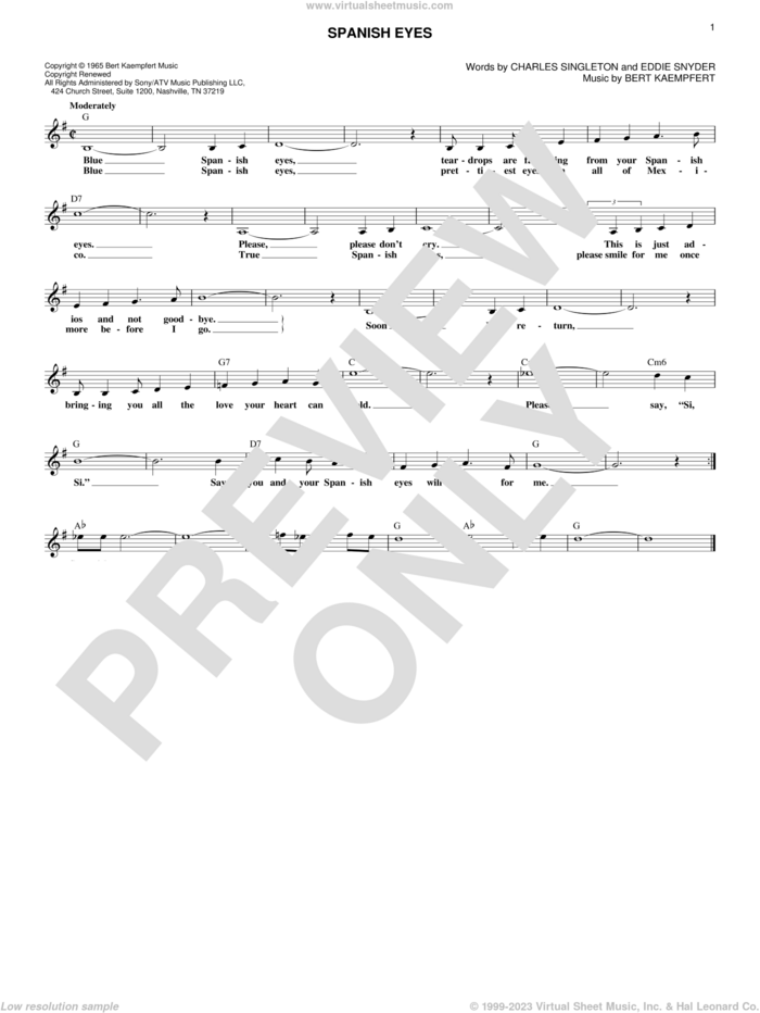 Spanish Eyes sheet music for voice and other instruments (fake book) by Elvis Presley, Engelbert Humperdinck, Bert Kaempfert, Charles Singleton and Eddie Snyder, intermediate skill level