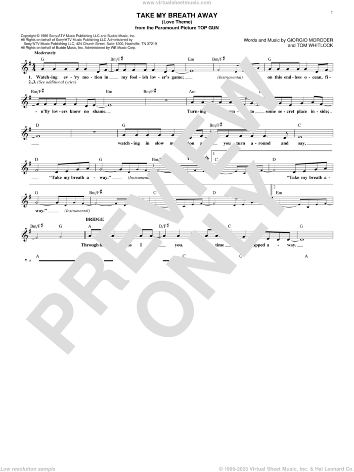 Take My Breath Away (Love Theme) sheet music for voice and other instruments (fake book) by Giorgio Moroder, Irving Berlin and Tom Whitlock, intermediate skill level