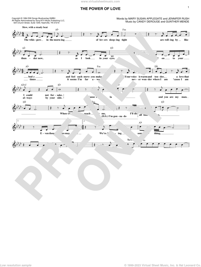The Power Of Love sheet music for voice and other instruments (fake book) by Air Supply, Candy Derouge, Gunther Mende, Jennifer Rush and Mary Susan Applegate, intermediate skill level