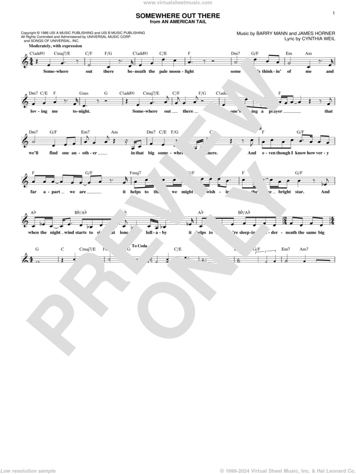 Somewhere Out There sheet music for voice and other instruments (fake book) by Linda Ronstadt & James Ingram, Barry Mann, Cynthia Weil and James Horner, intermediate skill level