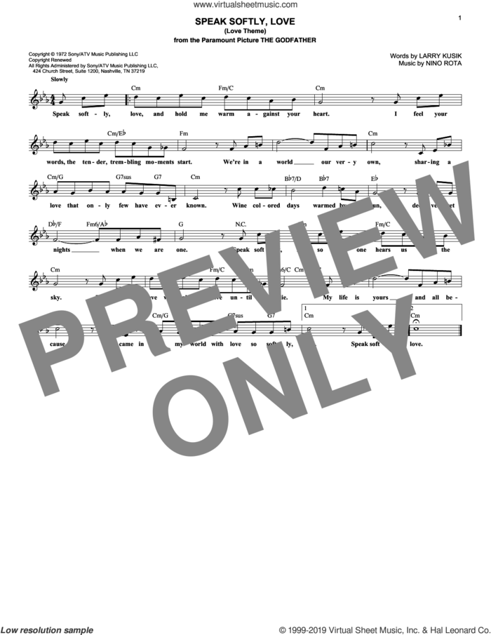 Speak Softly, Love (Love Theme) sheet music for voice and other instruments (fake book) by Andy Williams, Larry Kusik and Nino Rota, intermediate skill level