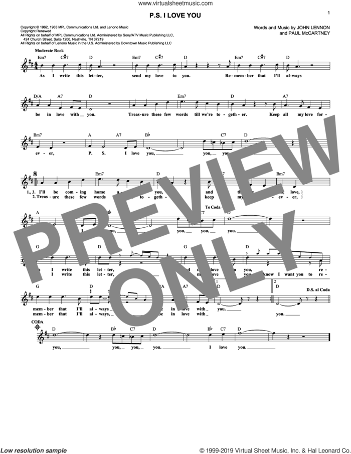 P.S. I Love You sheet music for voice and other instruments (fake book) by The Beatles, John Lennon and Paul McCartney, intermediate skill level