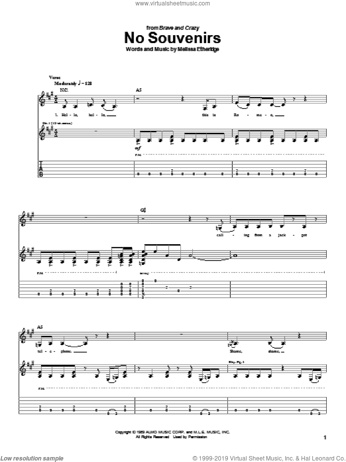No Souvenirs sheet music for guitar (tablature) by Melissa Etheridge, intermediate skill level