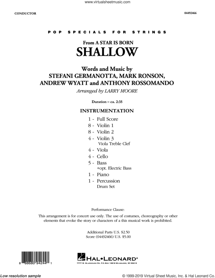 Shallow (from A Star Is Born) (arr. Larry Moore) (COMPLETE) sheet music for orchestra by Lady Gaga, Andrew Wyatt, Anthony Rossomando, Bradley Cooper, Lady Gaga & Bradley Cooper, Larry Moore and Mark Ronson, intermediate skill level