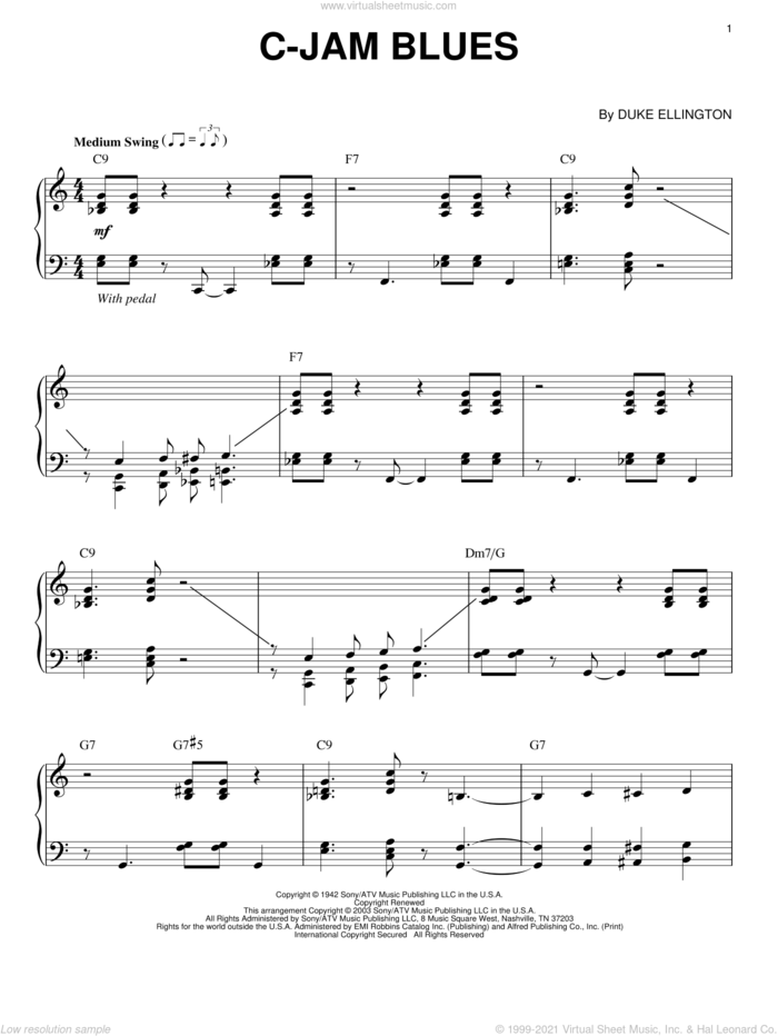 C-Jam Blues, (intermediate) sheet music for piano solo by Duke Ellington, intermediate skill level