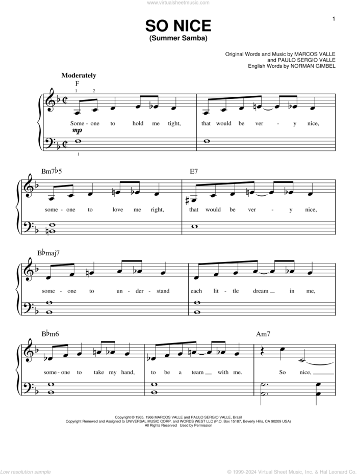 So Nice (Summer Samba) sheet music for piano solo by Walter Wanderley, Marcos Valle, Norman Gimbel and Paulo Sergio Valle, beginner skill level