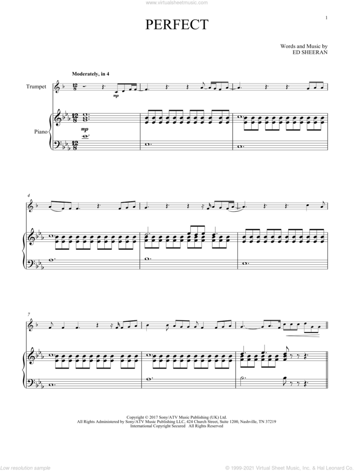 Perfect sheet music for trumpet and piano by Ed Sheeran, intermediate skill level