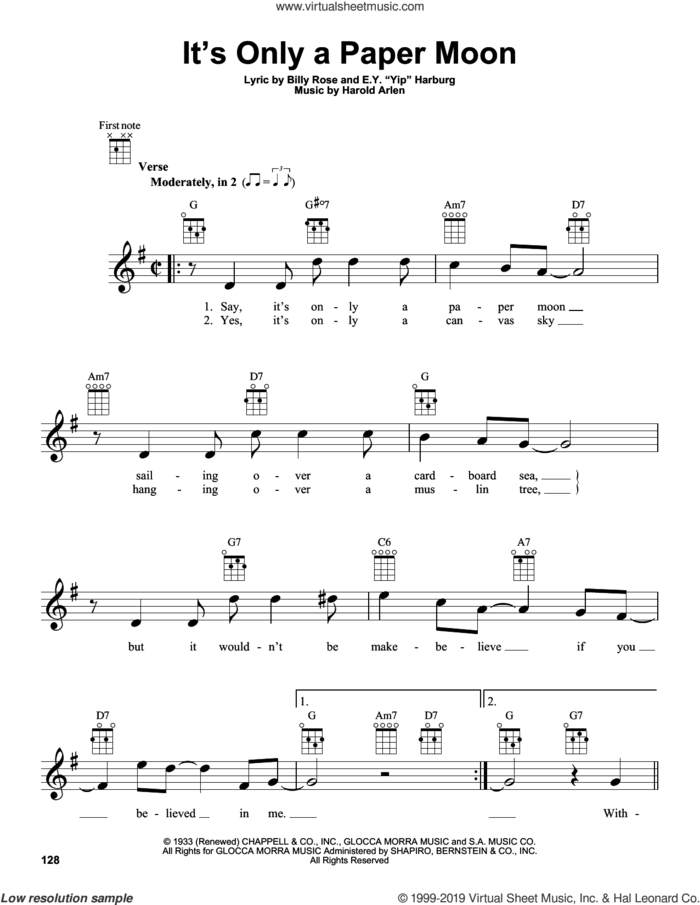 It's Only A Paper Moon sheet music for ukulele by Harold Arlen, Billy Rose and E.Y. Harburg, intermediate skill level