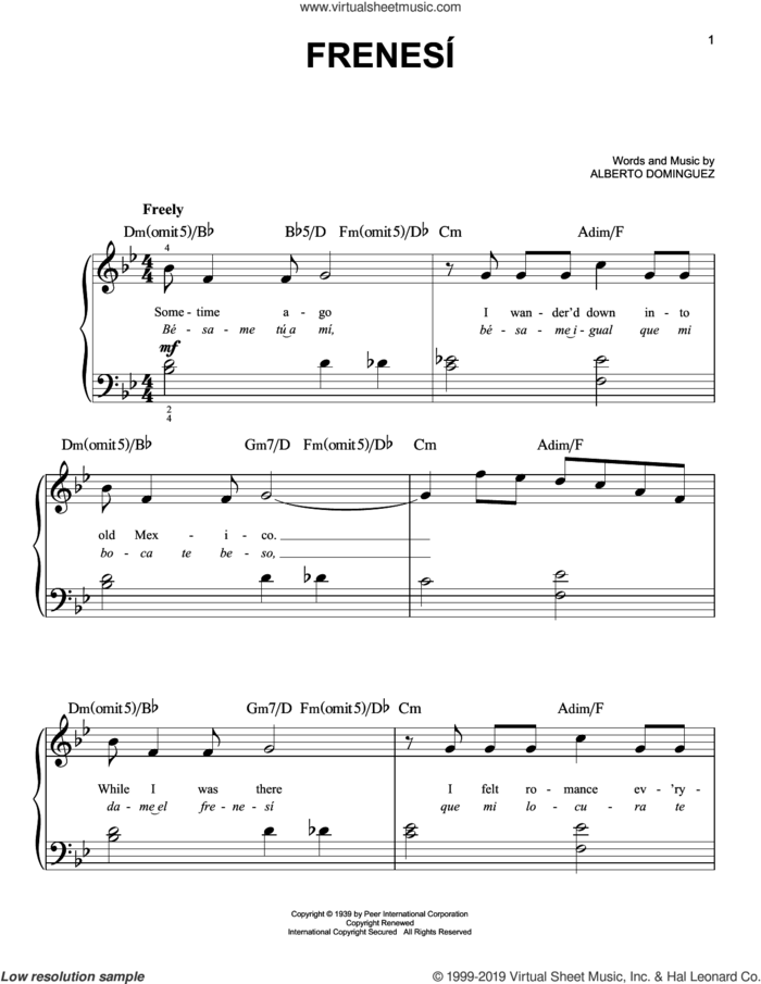 Frenesi, (beginner) sheet music for piano solo by Alberto Dominguez and Artie Shaw, beginner skill level