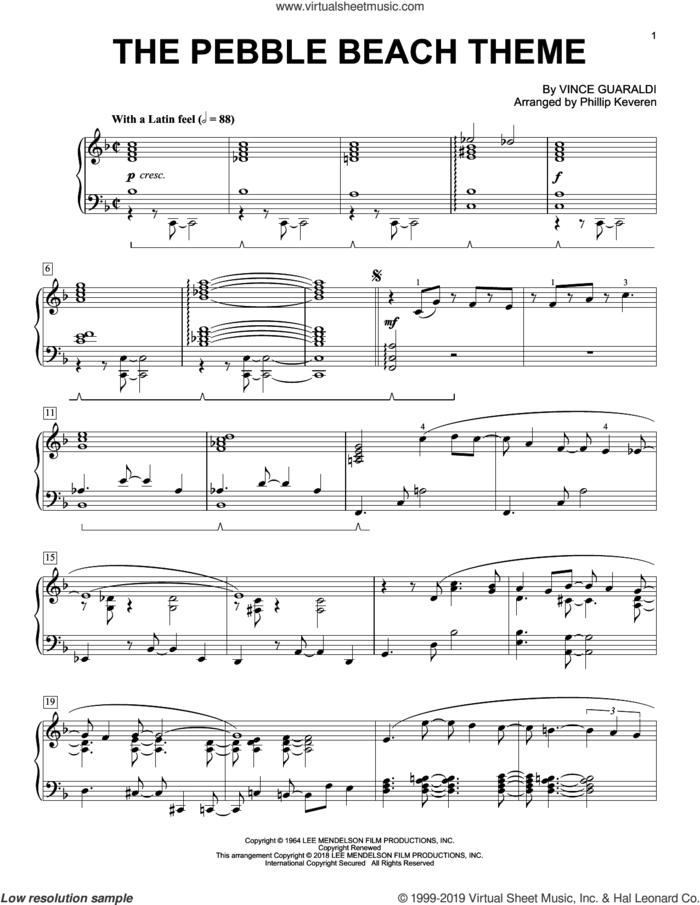The Pebble Beach Theme (arr. Phillip Keveren) sheet music for piano solo by Vince Guaraldi and Phillip Keveren, intermediate skill level