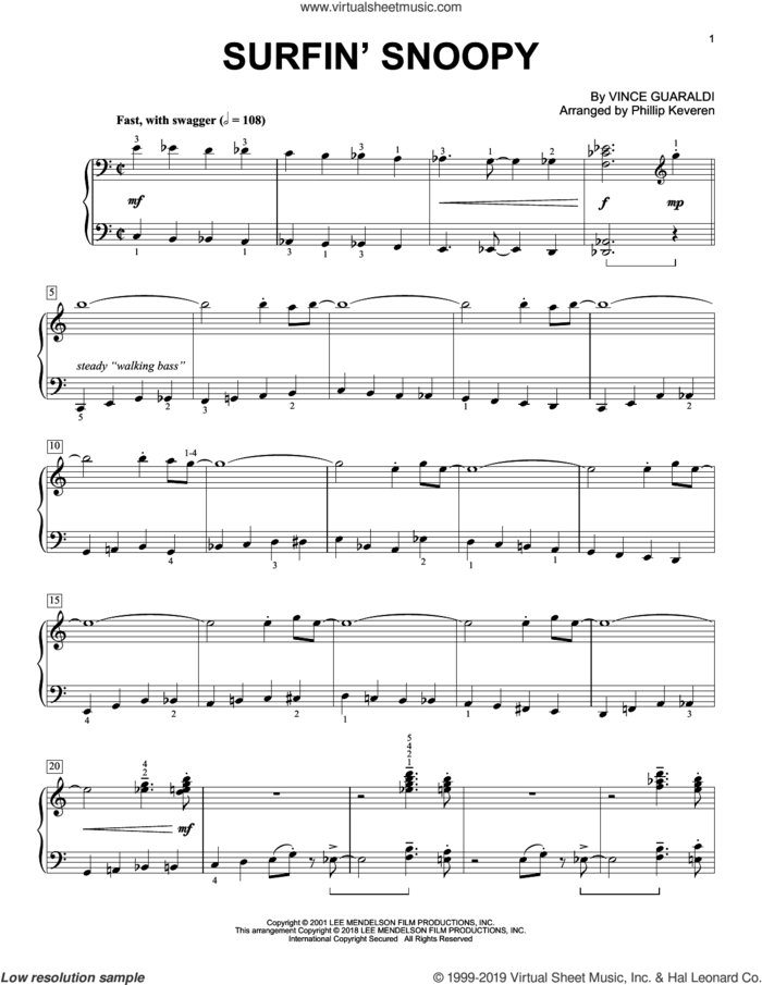 Surfin' Snoopy (arr. Phillip Keveren) sheet music for piano solo by Vince Guaraldi and Phillip Keveren, intermediate skill level