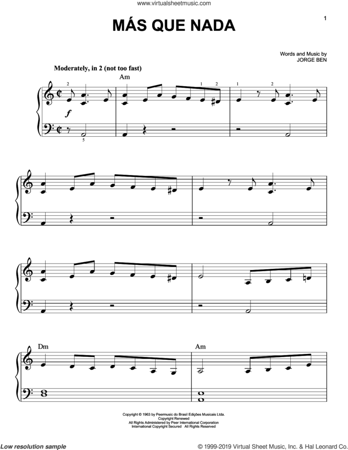 Mas Que Nada, (beginner) sheet music for piano solo by Sergio Mendes and Jorge Ben, beginner skill level
