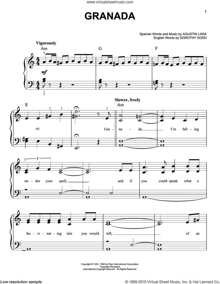 Granada, (beginner) sheet music for piano solo by Agustin Lara, Agustin Lara (Spanish) and Dorothy Dodd (English), beginner skill level