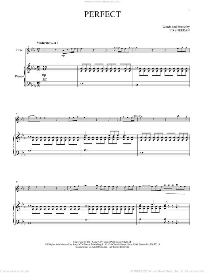 Perfect sheet music for flute and piano by Ed Sheeran, intermediate skill level