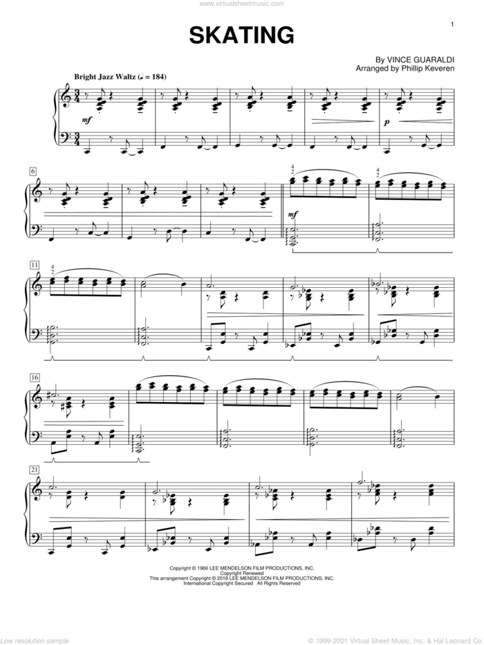 Skating (from A Charlie Brown Christmas) (arr. Phillip Keveren) sheet music for piano solo by Vince Guaraldi and Phillip Keveren, intermediate skill level