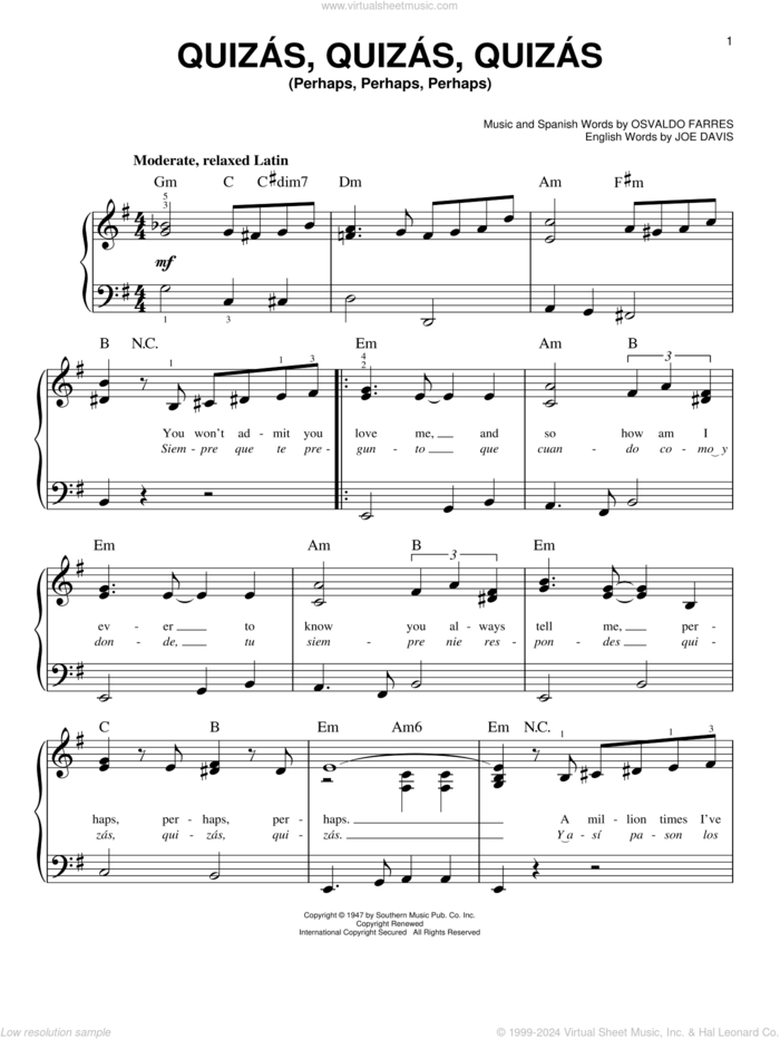 Quizas, Quizas, Quizas (Perhaps, Perhaps, Perhaps) sheet music for piano solo by Joe Davis and Osvaldo Farres, beginner skill level