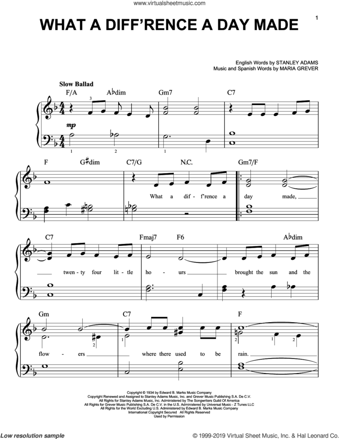 What A Diff'rence A Day Made sheet music for piano solo by Stanley Adams and Maria Grever, beginner skill level