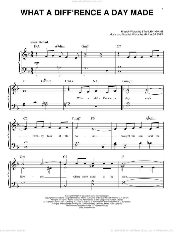 What A Diff'rence A Day Made sheet music for piano solo by Stanley Adams and Maria Grever, beginner skill level