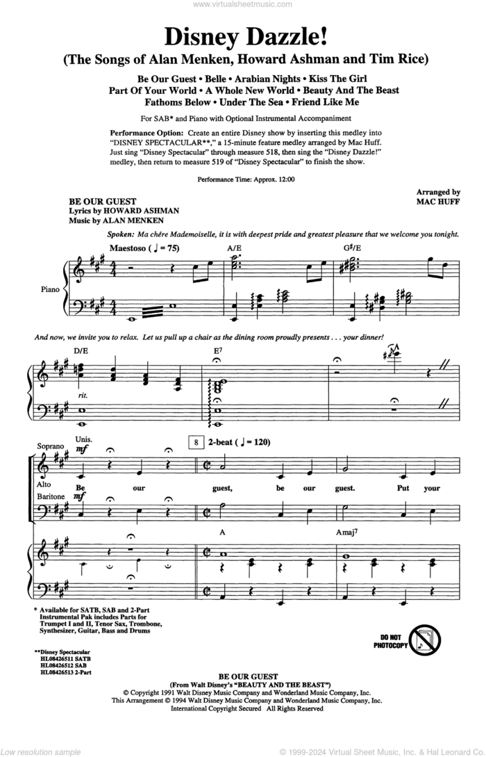 Disney Dazzle! (The Songs of Alan Menken, Howard Ashman and Tim Rice) (Medley) sheet music for choir (SAB: soprano, alto, bass) by Alan Menken, Mac Huff, Howard Ashman and Tim Rice, intermediate skill level