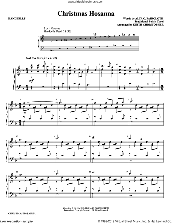 Christmas Hosanna (arr. Keith Christopher) sheet music for orchestra/band (handbells) by Alta C. Faircloth, Keith Christopher and Polish Carol, intermediate skill level
