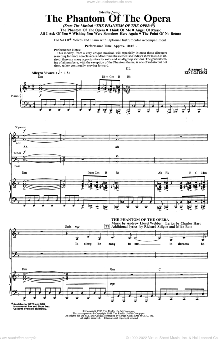The Phantom Of The Opera (Medley) (arr. Ed Lojeski) sheet music for choir (SATB: soprano, alto, tenor, bass) by Andrew Lloyd Webber, Ed Lojeski, Charles Hart and Richard Stilgoe, wedding score, intermediate skill level