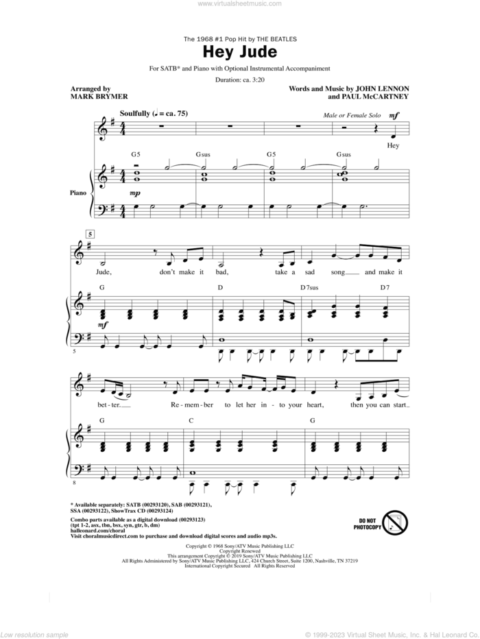 Hey Jude (arr. Mark Brymer) sheet music for choir (SATB: soprano, alto, tenor, bass) by The Beatles, Mark Brymer, John Lennon and Paul McCartney, intermediate skill level